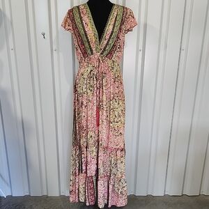 Bold And Beautiful Women's Floral V-Neck Maxi Dress Poly-Silk Size 8 NWT Tiered